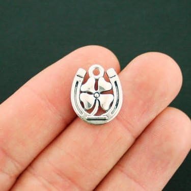 8 Good Luck Charms Antique Silver Tone Four Leaf Clover and Horse Shoe Design 18x15mm (NS768)