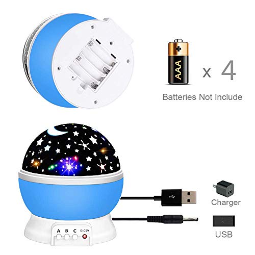 Baby Night Light Moon Star Projector 360 Degree Rotation, 4 LED Bulbs 8 Color Changing with USB Cable/Batteries Powered, Unique Gifts Kids, Romantic Bedroom DÃ©cor (Blue, 4.7)
