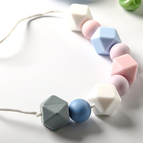 Fashion Mommy’s Pick, Baby Teething Necklace for Mom, Silicone Teether Toy, BPA &amp; PVC Free Nursing Necklace with Soft Chewable Beads, 14+ inches (Blue / Pink / White)