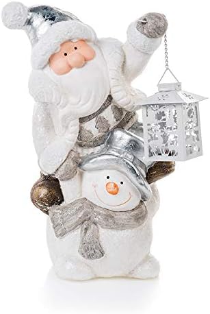 EUROCINSA Set of 2 Santa and Snowman Figures with Lantern 28 x 20 x 38 cm 2pcs, Polyresin, White/Silver, One Size