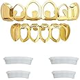 Open Face Grillz Teeth 24k Gold Grillz Plated Caps New Custom Fit Top & Bottom Grill Set for Kids + Extra Molding Bars + Microfiber Cloth