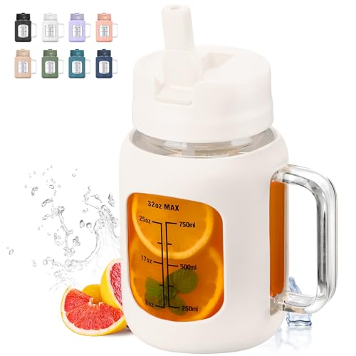 NOLOGLAZIC 32 OZ GLASS WATER BOTTLE WITH HANDLE,...