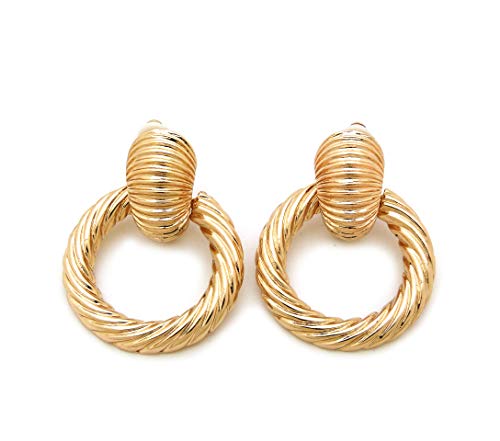 Women's Over Sized Door Knocker Hoop Style Statement Metal Clip On Earring (Gold - Door Knocker Style)