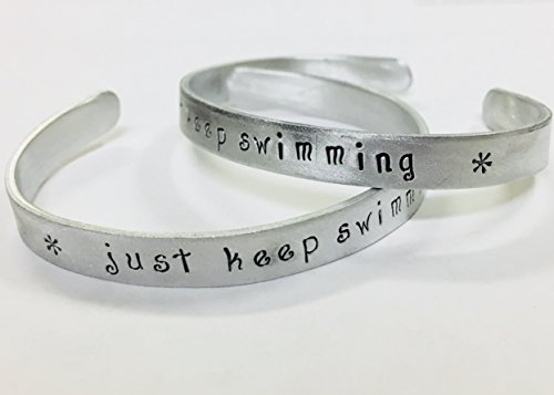 Just Keep Swimming inspiration quote bracelet, non-tarnish aluminum cuff bracelet