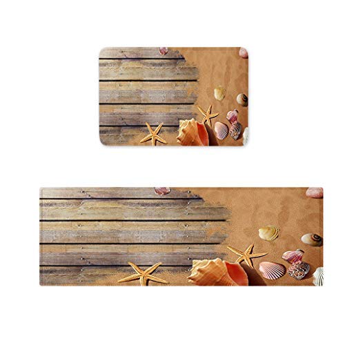 Beach Kitchen Rugs, Goodbath Seastar Shell Conch on Ocean Beach Sand Wooden Board Non Slip Bath Rug Set 2 Piece, 16” x 48” and 16” x 24”, Brown