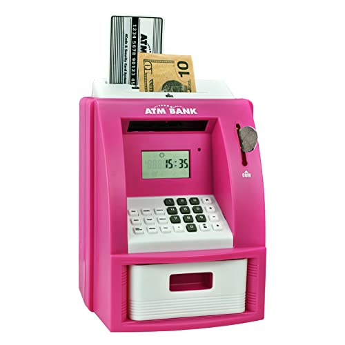 KDSbnk ATM Savings Piggy Bank for Real Money with Debit Card Digital Password, Coin Recognition, Cute Stuff Gift for 5-14 Years Old Boys Girls (Pink)