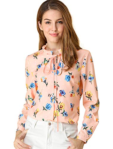 Allegra K Women's Tie Ruffled Neckline Polka Dots Long Sleeves Floral Blouse Tops S Pink