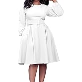 Elainone Women Long Sleeve A Line Dress with Belt Church Wedding Guest Semi Formal Office Dresses