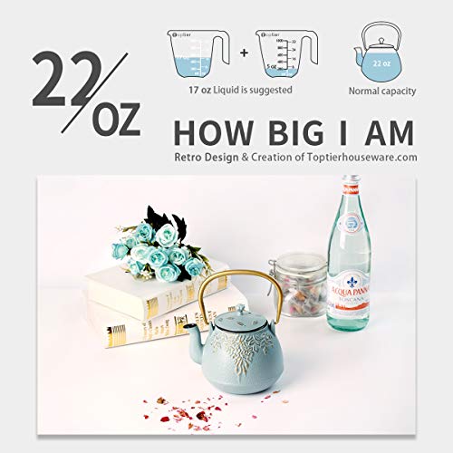 Tea Kettle, TOPTIER Japanese Cast Iron Tea Kettle with Infuser, Stovetop Safe Cast Iron Tea Kettle, Leaf Design Cast Iron Tea Pot Coated with Enameled Interior for 22 oz (650 ml), Turquoise Blue - Thumbnail 5