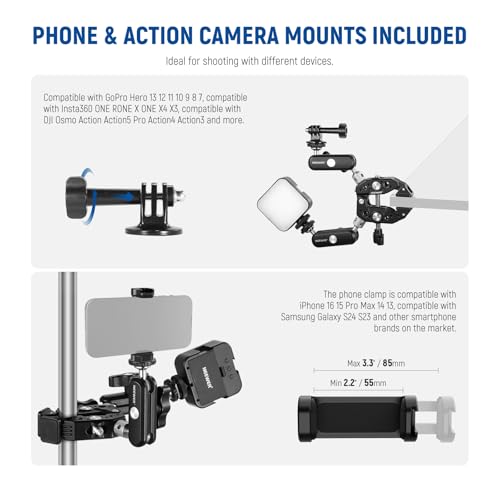 NEEWER Heavy Duty Super Clamp with Two 360° Dual Ball Head Magic Arms, 1/4" 3/8" Screw Threads, Phone & Action Camera Mount Adapter for Flat/Round Surface Compatible with GoPro DJI Insta360 DSLR