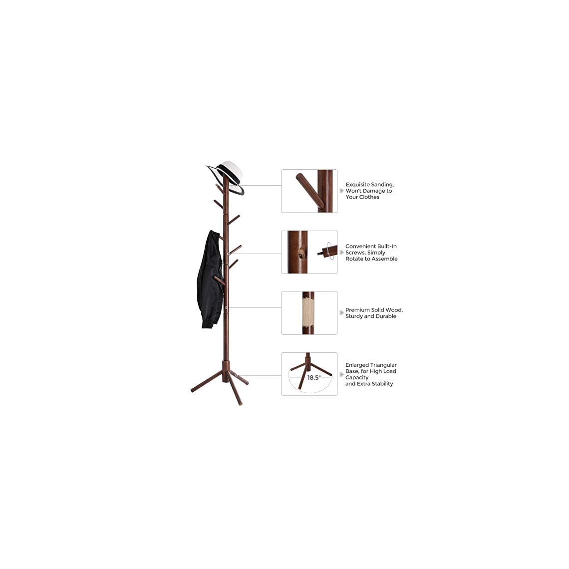 VASAGLE Coat Rack Freestanding, Coat Tree, Solid Wood Coat Stand with 8 Hooks for Coats, Hats