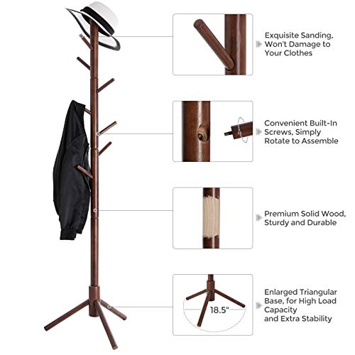 VASAGLE Coat Rack Freestanding, Coat Tree, Solid Wood Coat Stand with 8 Hooks for Coats, Hats