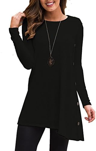Women's Assymetrics Hem Side Buttons Loose fit Swing tunic Shirts Long Sleeve t shirt L Black