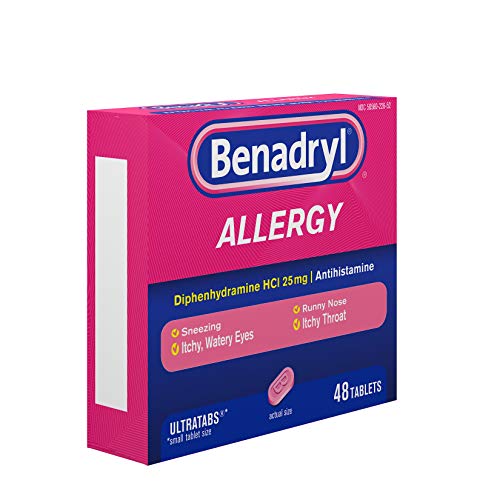BENADRYL ULTRATABS ALLERGY RELIEF MEDICINE, 25 MG DIPHENHYDRAMINE HCL ANTIHISTAMINE TABLETS FOR RELIEF OF COLD & ALLERGY SYMPTOMS LIKE SNEEZING, RUNNY NOSE, & ITCHY EYES & THROAT, 48 CT