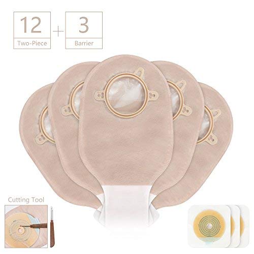 Carbou Ostomy Bags Drainable Pouches with Measure Card,Clamp for Colostomy Ileostomy Stoma Care, Cut-to-Fit, FDA Approved (12pcs Bags+3pcs Barriers)