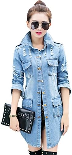 Wincolor Women's Button Down Ripped Distressed Long Denim Jacket Coat