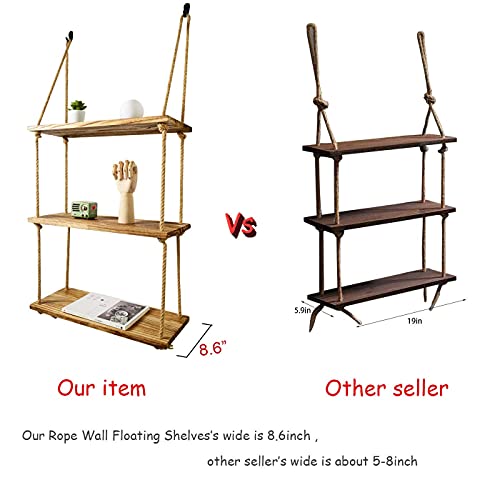 Boutiquemall Swing Rope Floating Shelves, Solid Wood Rope Shelf DIY Wood Hanging Floating