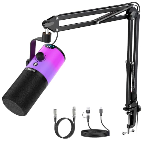 Aveek Dynamic USB/XLR Microphone with Arm for Gaming & Streaming | RGB Lighting, Noise Cancellation, One Touch Silence, Monitor Mix and Headphone Jack for PC & PS5