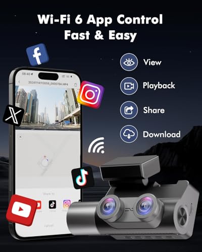 Frvesroe 4K 3 Channel Dash Cam Front and Rear Inside for Uber Taxi, Dual Front Lens, Interior Night Vision, WiFi 6 GPS, 24H Parking Mode, 64GB Card, Heat Resistant Dashcam for Cars (V1)