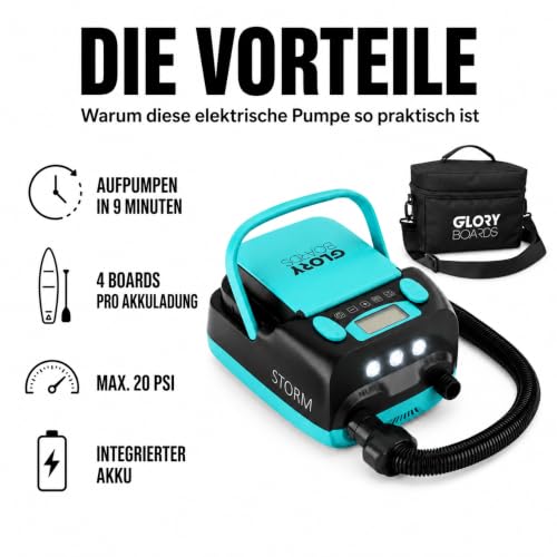 Glory Boards SUP Pump Battery Electric Pump SUP 20 PSI High Pressure Electric Air Pump with 6 Adapters for Stand Up Paddle Boards, Boats, Kayak, Air Mattresses, Tent, 230 V & 12 V Charging Function
