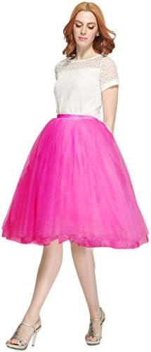 Nemobridal Women's 7 Layer Short Elastic Waistband Tutu Princess Tulle Midi Skirt L/XL Hot Pink