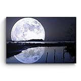 Startonight Canvas Wall Art Full Moon Water Reflection, Sky USA Design for Home Decor, Dual View Surprise Artwork Modern Framed Ready to Hang Wall Art 31.5 X 47.2 Inch 100% Original Art Painting!