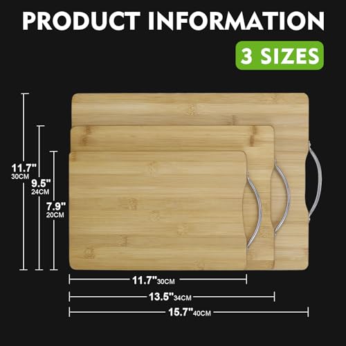 SKY-TOUCH 2 Size Bamboo Cutting Boards Set, Chopping Boards with Handle, Non-Slip Wooden Double-Side Using for Meat, Cheese, Fruits & Bread, 34x24cm and 30x20cm, Wood Yellow