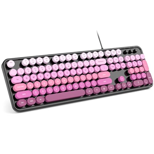 MOWUX Computer-Tastatur, kabelgebunden, Plug-and-Play-USB-Retro-Schreibmaschinentastatur, volle Größe, kabelgebundene Tastatur mit faltbaren Ständern 