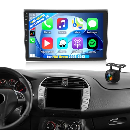 For Fiat Bravo 2008-2013, Android 15, 4G+64G CAMECHO Car Radio for Fiat Bravo Wireless Carplay Android Car, 9 Inch 2DIN Car Screen with GPS Navi WIFI EQ Bluetooth FM/RDS SWC Rear Camera+MIC