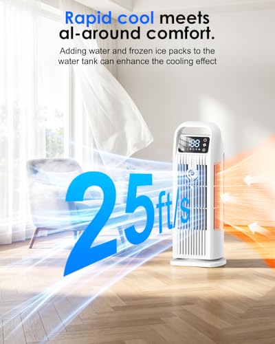 Portable Air Conditioner, 4 in 1 Evaporative Air Cooler with Remote Control, 1200ML Water Tank, 120 Oscillating, 4 Speeds, 12H Timer, Mist Spray Tower Fan for Home Office, White