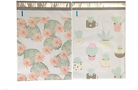 Designer Poly Mailers 10x13: Pastel Succulents &amp; Flowering Cactus Combo; Printed Self Sealing Shipping Poly Envelopes Bag (40 Pcs Total)