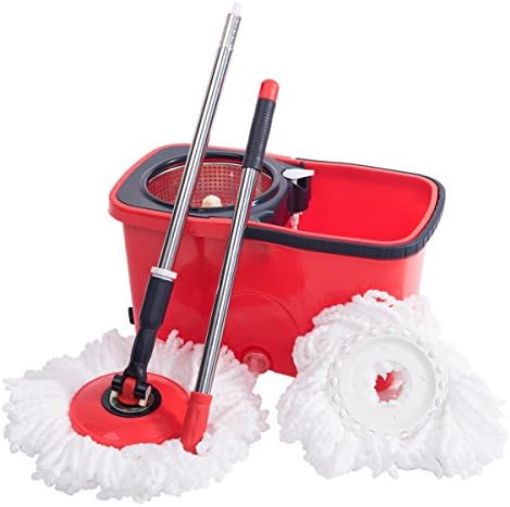 NFHOME Microfiber Spin Mop &amp; Bucket with 1 Extra Refill, Hand Push 360° Rotation Floor Mop with Stainless Steel Telescopic Extension Handle, Red