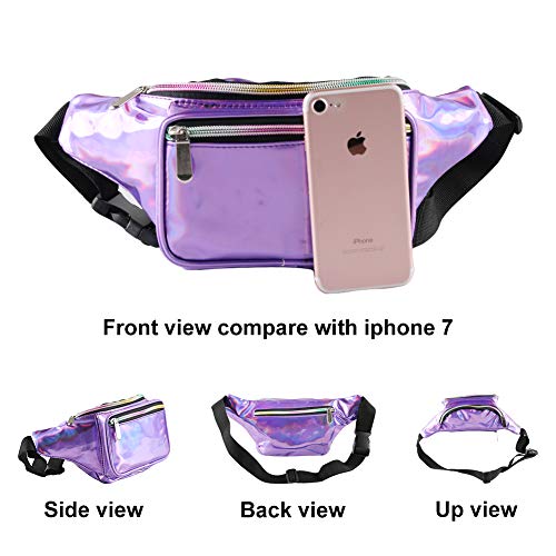 Holographic Fanny Pack for Women - Waist Fanny Pack with Adjustable Belt for Rave, Festival, Travel, Party (Purple)