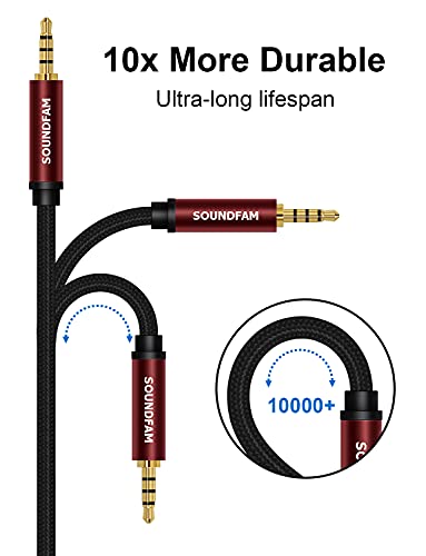 3.5mm AUX TRRS Audio Cable [New Wine Red 5ft/1.5m] SOUNDFAM 24K Gold-Plated Cotton Braided Male to Male 4 Pole Stereo Auxiliary Cord for Headphone,MP3,Home Stereos,Speaker,Car,Tablets