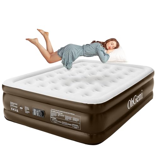 OhGeni Air Mattress with Built-in Pump Queen- 18" Height Inflatable Mattress for Camping, Home & Portable Travel - Brown Durable Blow Up Mattress with Dual Pump - Easy to Inflate/Quick Set Up