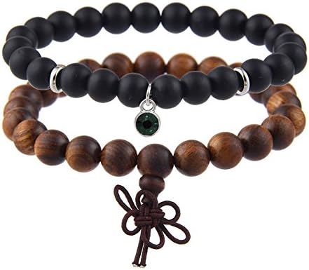 Domika Handmade Birthstone Matt Black Stone Bracelet with Sandalwood Wooden Balance Stretch Bangle (May)