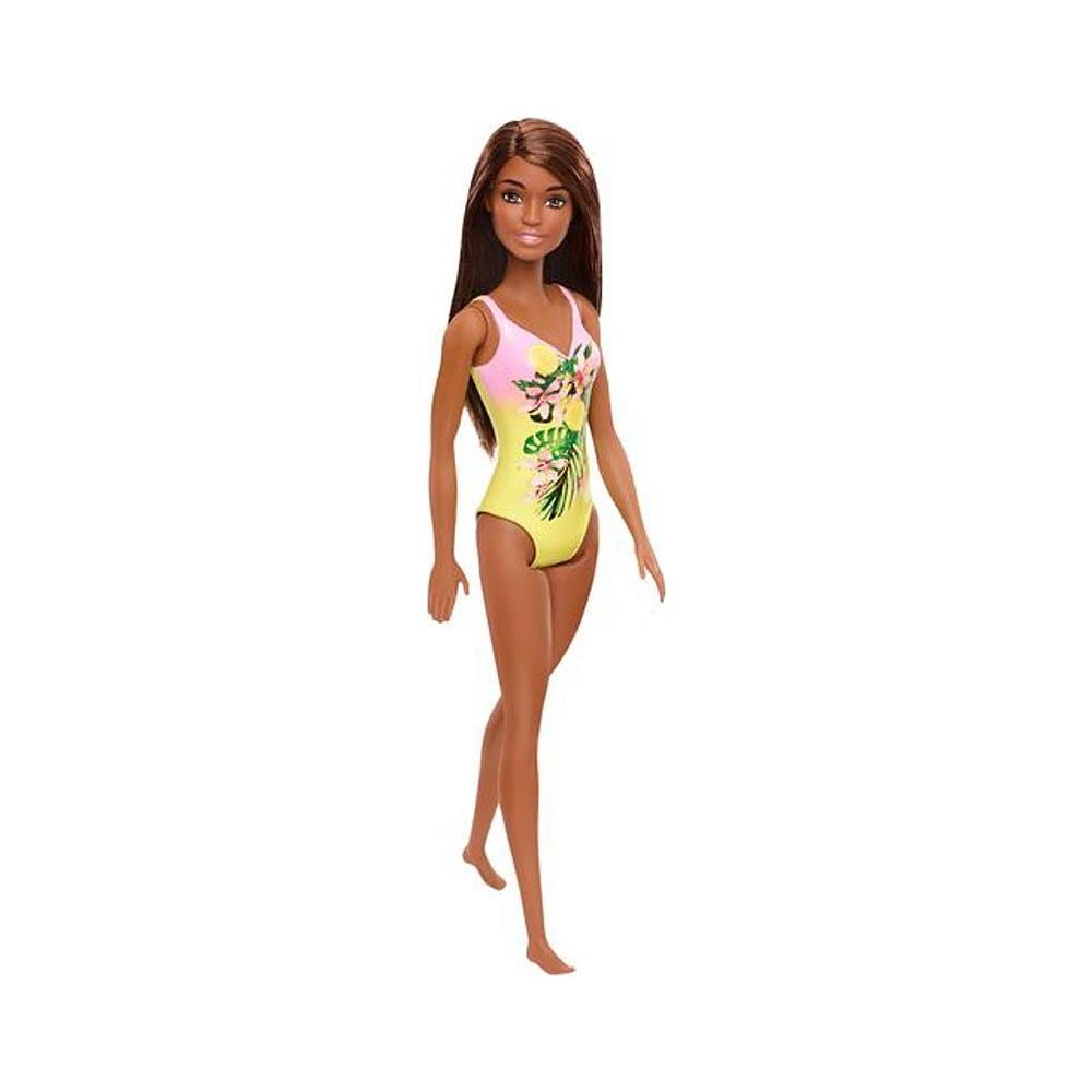 Photo 1 of Barbie Fasshion Doll, Beach-Themed Brunette Wearing Pink & Yellow Floral Swimsuit