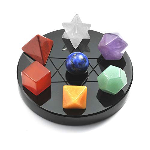 Top Plaza 7 Chakra Healing Crystals Kit Sacred Geometry Platonic Solids Crystals Reiki Tumbled Stones Set Lucky Decoration W/Black Obsidian Stand
