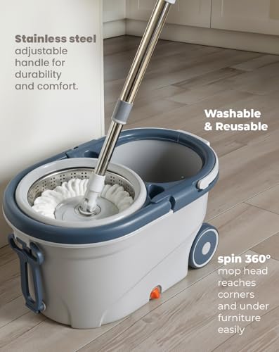 Spin Mop & Bucket Set - 360° Self-Wringing System with Wheels, Stainless Steel Handle - Hands-Free Floor Cleaning for Hardwood, Tile, Laminate - Includes 3 Washable Microfiber Mop Head Refills