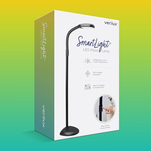 Verilux SmartLight Full Spectrum LED Modern Floor Lamp with Adjustable Brightness, Flexible Gooseneck and Easy Controls - Reduces Eye Strain and Fatigue - Ideal for Reading, Artists, Craft (Black)
