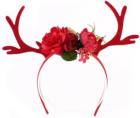 Funny Deer Antler Headband with Flowers Blossom Novelty DIY Fawn Horn Hair Hoop Fancy Dress Cosplay Costumes Accessory Christmas Birthday Gift for Girl Kid Women(Red)