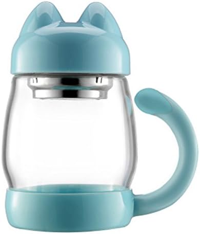 TMJJ Cute Cat 420ml Glass Water Bottle Tea Beverage Bottle Wide Mouth with Handle,Food-Grade PP,Leak Proof,Blue