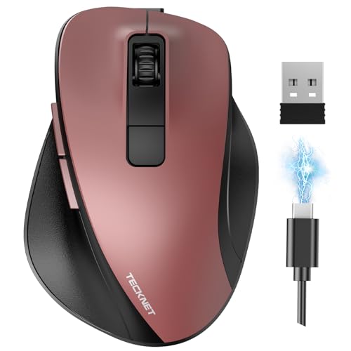 TECKNET Wireless Ergonomic Mouse, Rechargeable Bluetooth Mouse with 3 Devices (BT 5.0/3.0+2.4G), 4800DPI Silent Mouse with Thumb Rest for Laptop, Mac and PC, Red