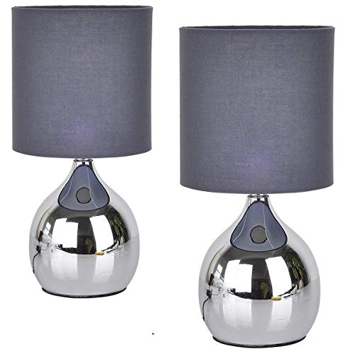 WERFACTORY Mini Touch Control Table Nightstand Bedside Lamps White Fabric Shades 4 Stage W15H30CM Modern Chrome Small Table Desk Reading Light (WHITE 1PACK) (GREY-2PACK)