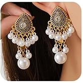 Missgrace Boho Indian Gold Plated Rhinestone Faux Pearls Dangle Teardrop Long Earrings for Women Vintage Retro Chandelier Earrings Beaded Crystal Jhumka Jhumki Tassel Studs Traditional Green Red Earrings for Women