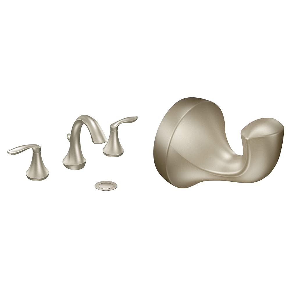 Moen T6420BN Eva Two-Handle High-Arc 8-Inch Widespread Bathroom Faucet, Valve Required, Brushed Nickel & YB2803BN Eva Collection Single Robe Hook, Brushed Nickel, 3" x 3" x 2.5"