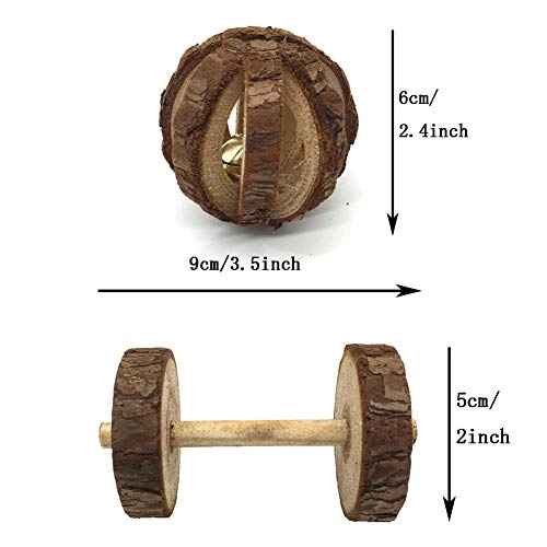 Bojafa 5 Pcs Natural Wooden Playing Chewing Toys for Small Animal Hamster Gerbil Mouse - Tunnel, Ball, Bell Roller, Dumbbell, Unicycle for Small Animals Molar Teeth Clean Toys - Thumbnail 3