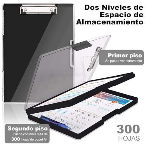 HONGHCL Portapapeles con Almacenamiento Grand - Portapapeles con Doble Compartimentos, Tabla Portapapeles con Paneles Transparentes, Tabla Escribir (Negro)