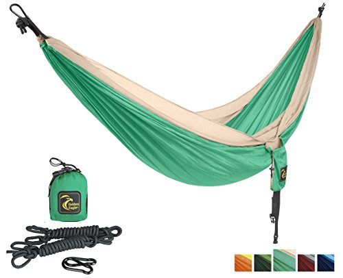 GOLDEN EAGLE SUMMER SALE - Camping Hammock Set - 108 x 55 in - 440 lbs load- Incl. 2 carabiners & 2 ropes Lightweight Parachute Nylon 210T Single Hammock for Hiking, Travel, Great gift.