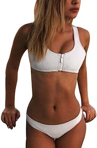 Woman Modesty Square Neck Zipper Closure Bandage Crop Tank Athletic Swimwears Low Rise Pure Color 2PC Bikini Sets White